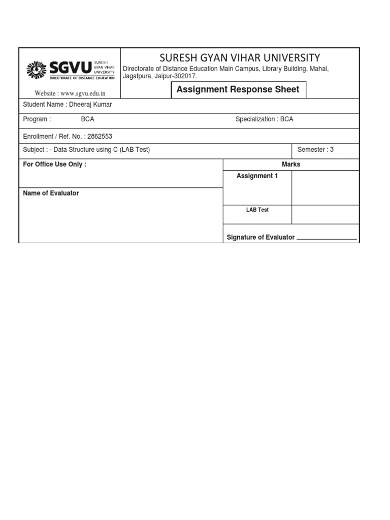 BCASem3 Data Structure Using C Lab TestResponse Sheet PDF