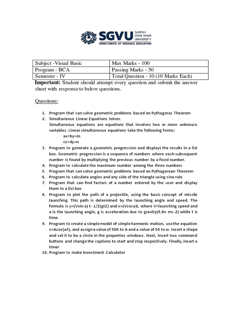 BCA Sem 4 Visual Basic Lab Test PDF