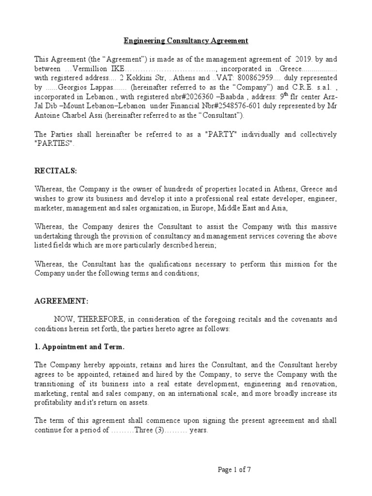Engineering Consultancy Agreement 2019 | PDF