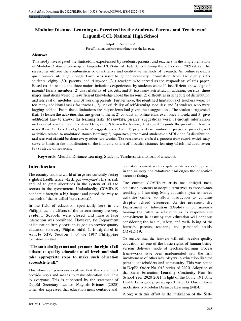 Modular Distance Learning As Perceived by The Students, Parents and ...