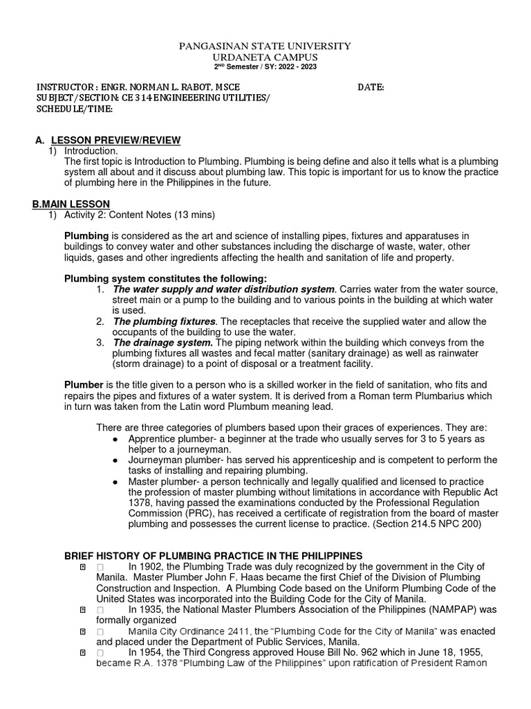 Lesson 1 Sas Pdf Plumbing Sewage
