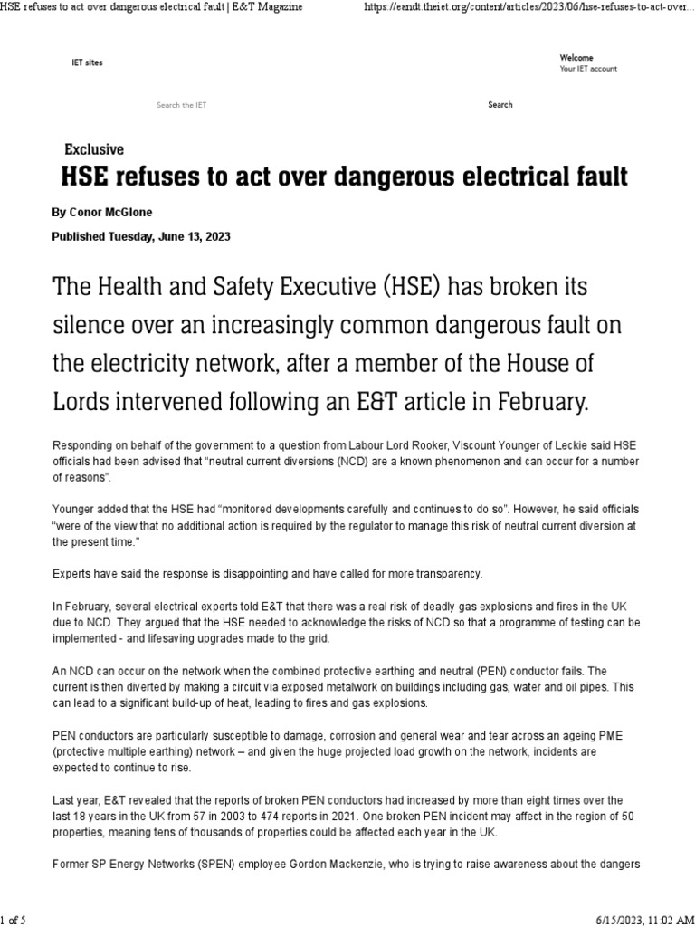 HSE Refuses To Act Over Dangerous Electrical Fault E&T Magazine | PDF ...