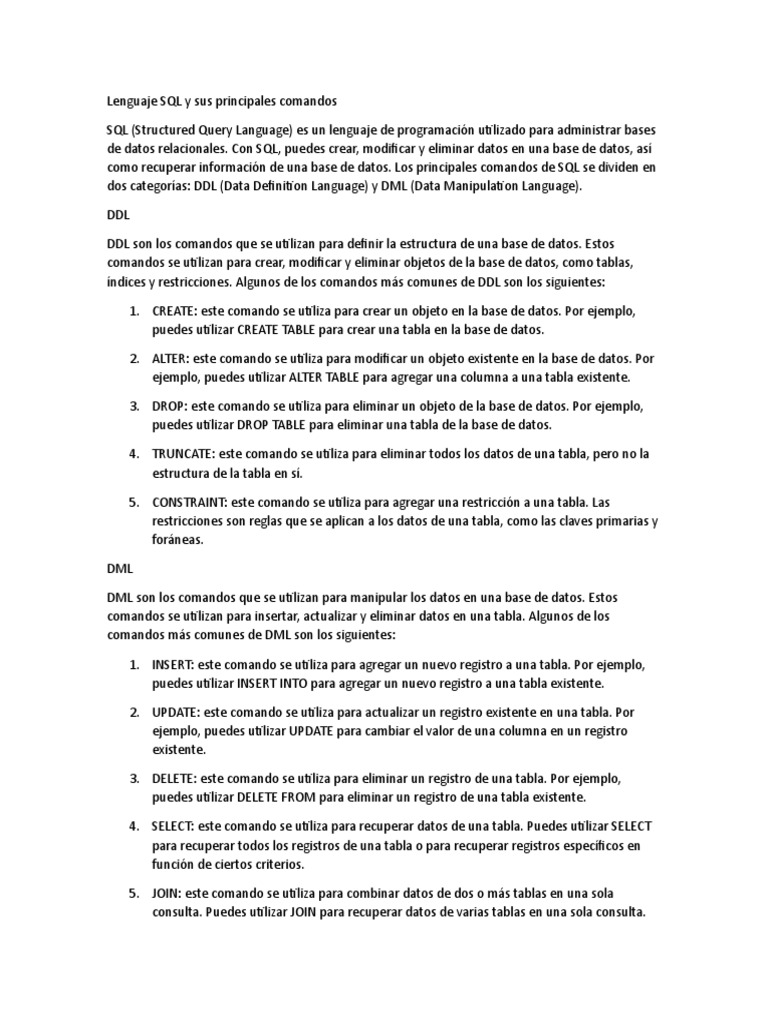 Lenguaje sql y sus principales comandos pdf sql bases de datos