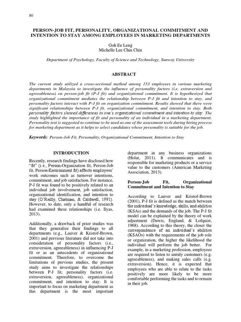 Person Jobfit, Personality, Organizational Commitment and Intention To