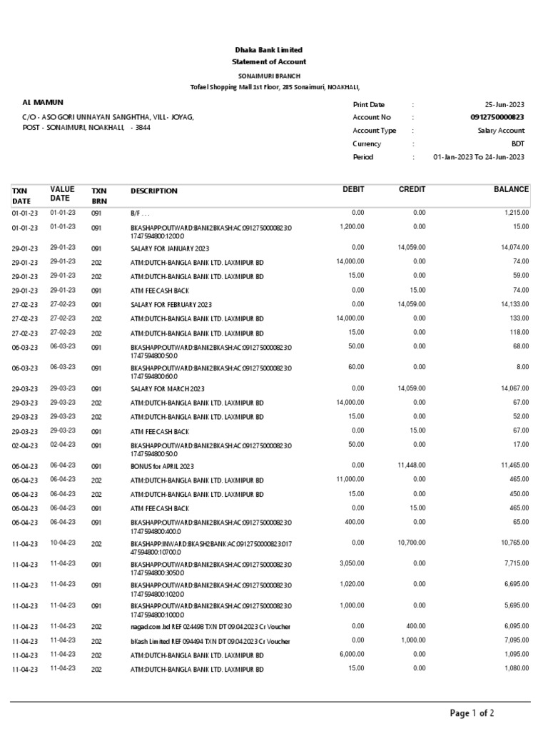 Dhaka Bank Salary Account Statement | PDF | Credit Card | Debit Card