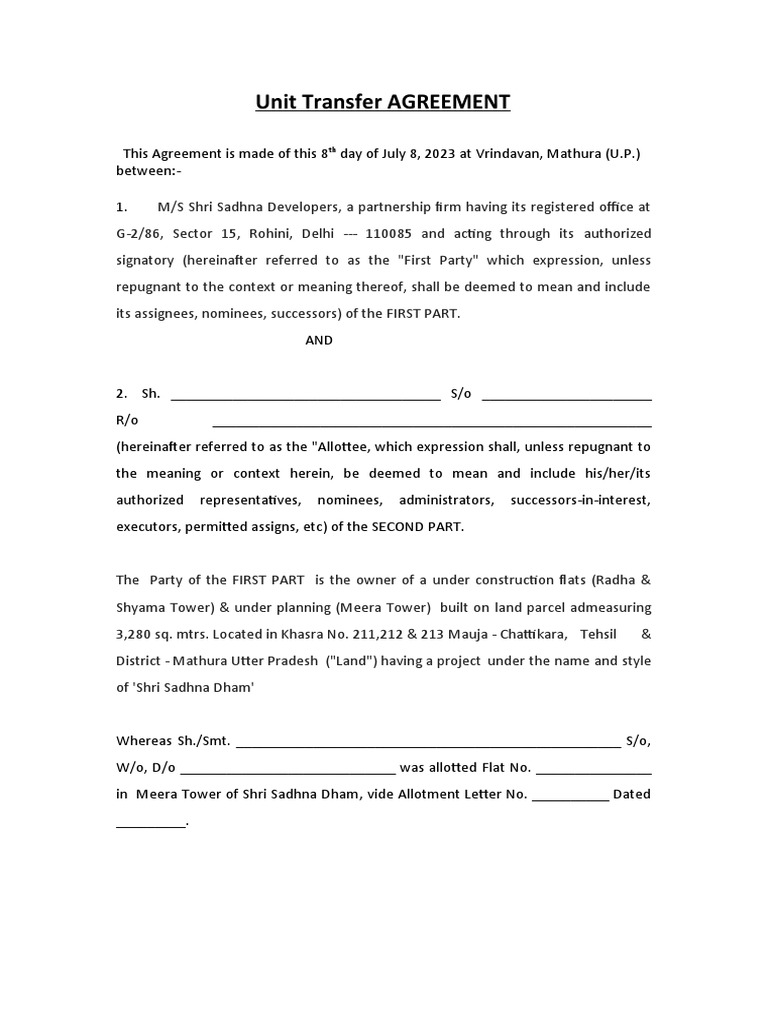 Unit Transfer AGREEMENT PDF Government Business Law