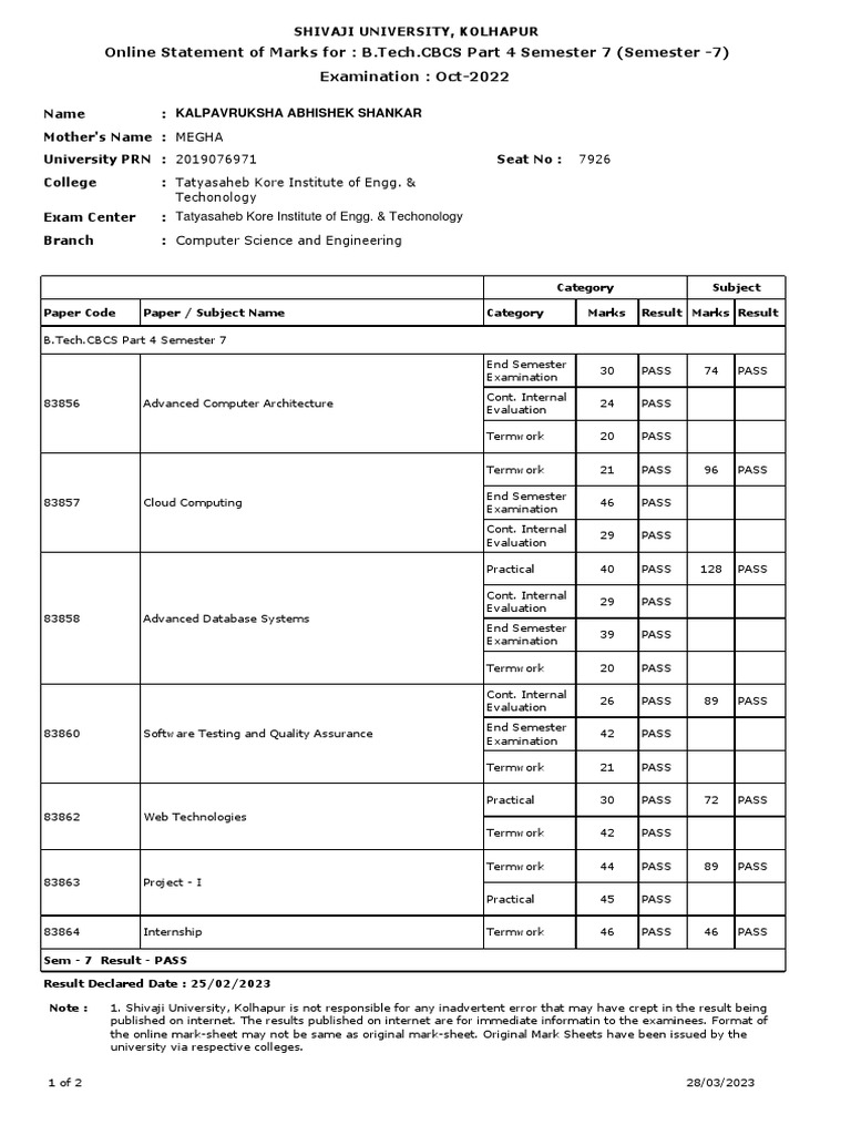 B.Tech Semester 7 Marks Report | PDF