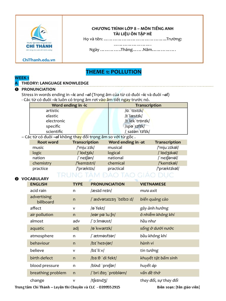 Chí Thành - Ôn tập hè - TA8 - Week 1 | PDF