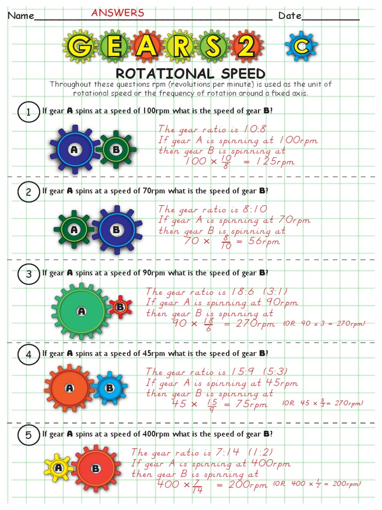 Gear Ratio Calculations Worksheet | PDF | Rotation | Speed
