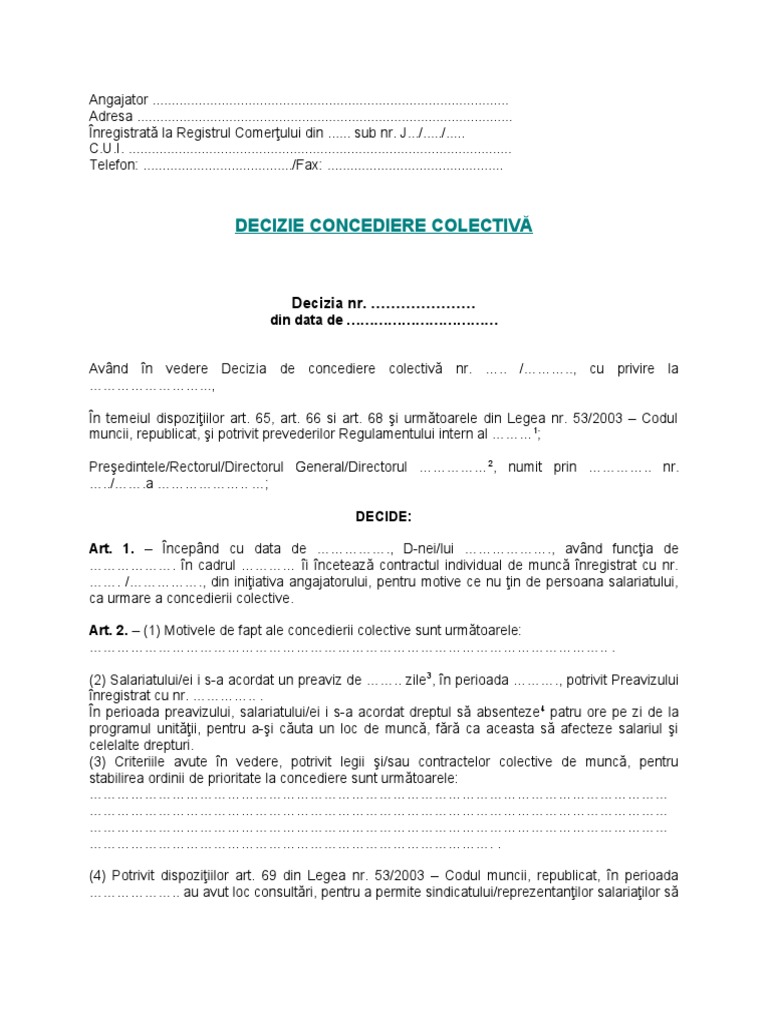 Decizie de concediere colectiva pdf