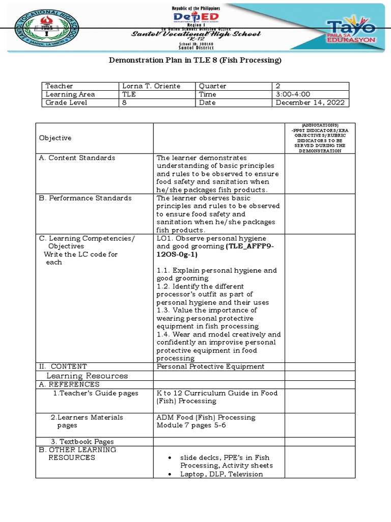 Demonstration Plan in TLE 8 (Fish Processing) PDF Personal