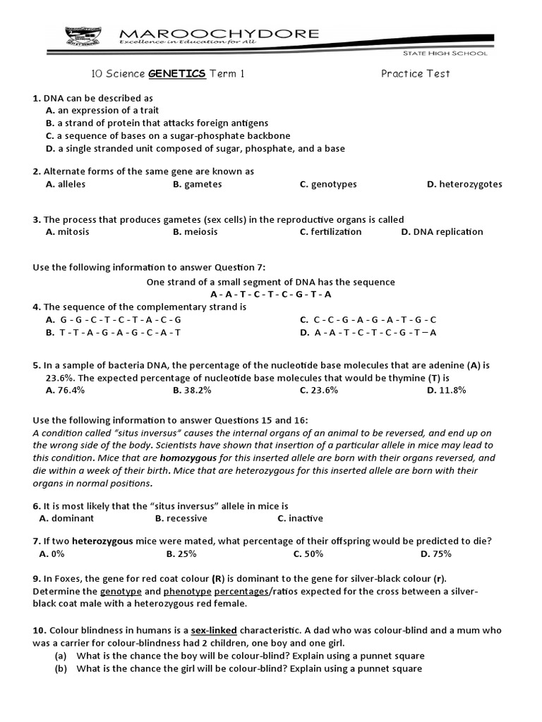 10 Science Practice Test | PDF | Dominance (Genetics) | Zygosity