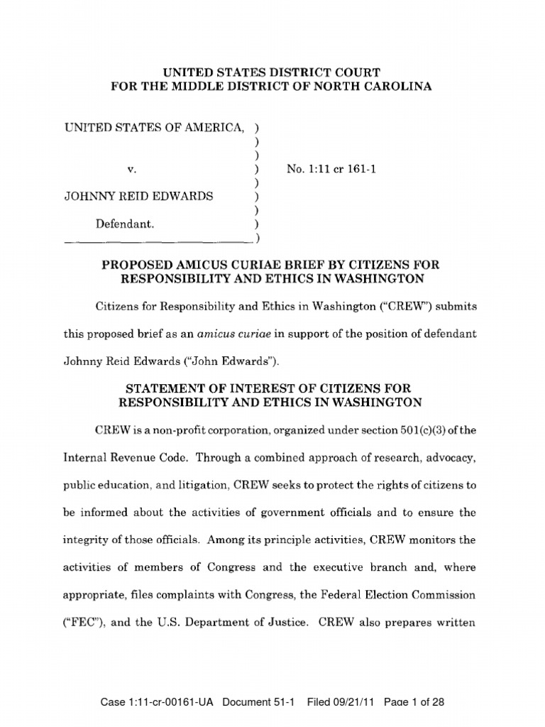CREW DOJ Amicus Brief in Support of Sen. John Edward's Motion To Dismiss Indictment 9/21/2011