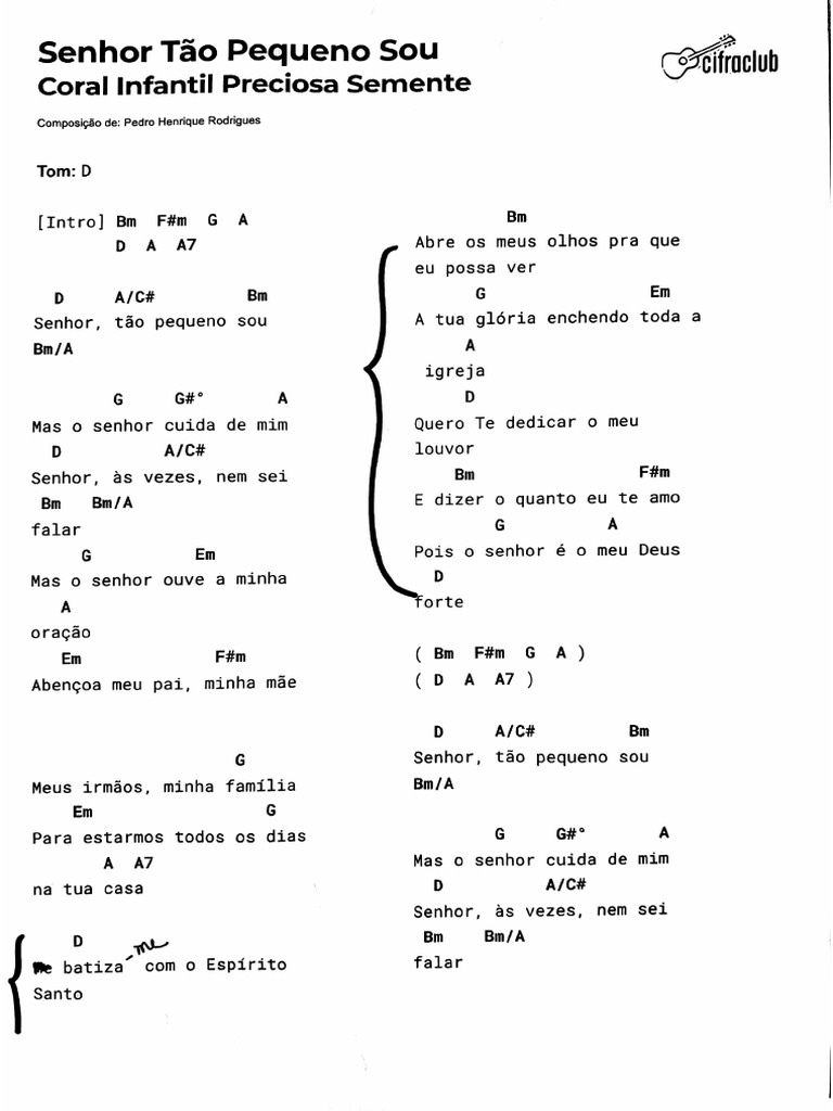 Senhor Tão Pequeno Sou-Coral Infantil Preciosa Semente-Cifra | PDF