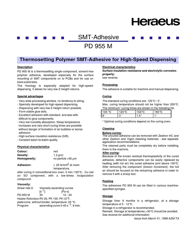 SMTAdhesive PD 955 M Thermosetting Polymer SMTAdhesive For High