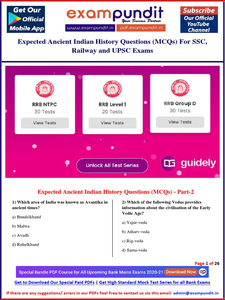 Ancient Indian History MCQs for SSC | PDF | Ashoka | Vedas