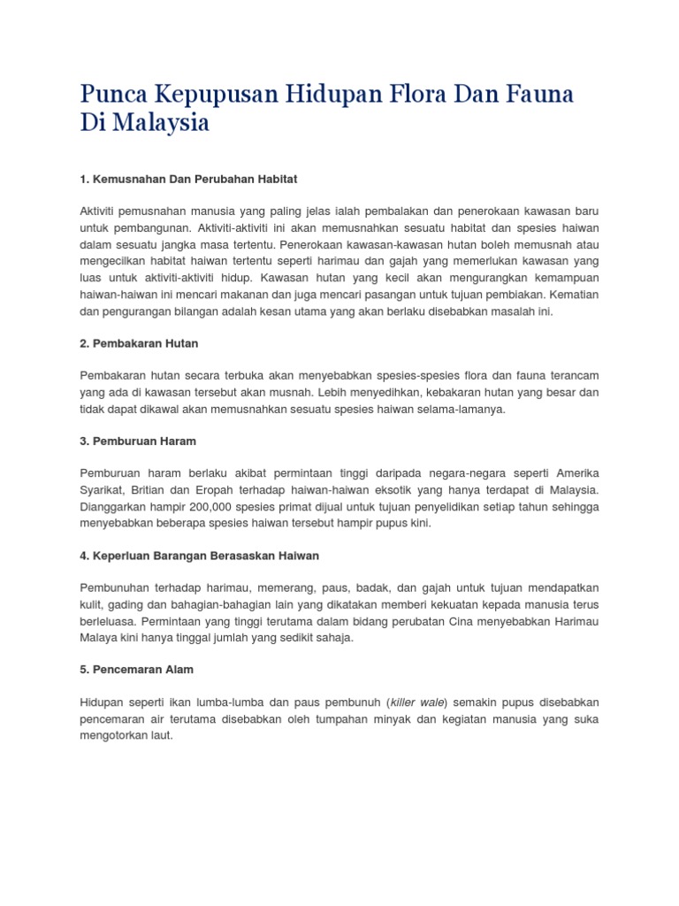 Punca Kepupusan Hidupan Flora Dan Fauna Di Malaysia Pdf