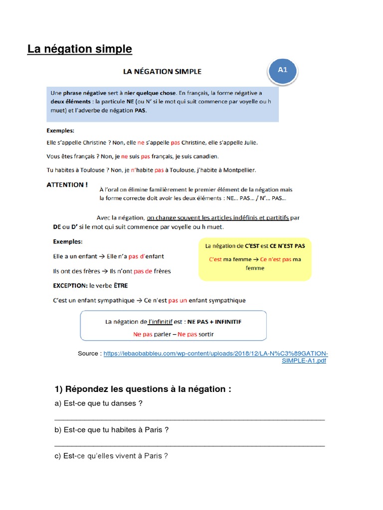 Exercices sur la Négation Simple | PDF | Méthodes et références ...