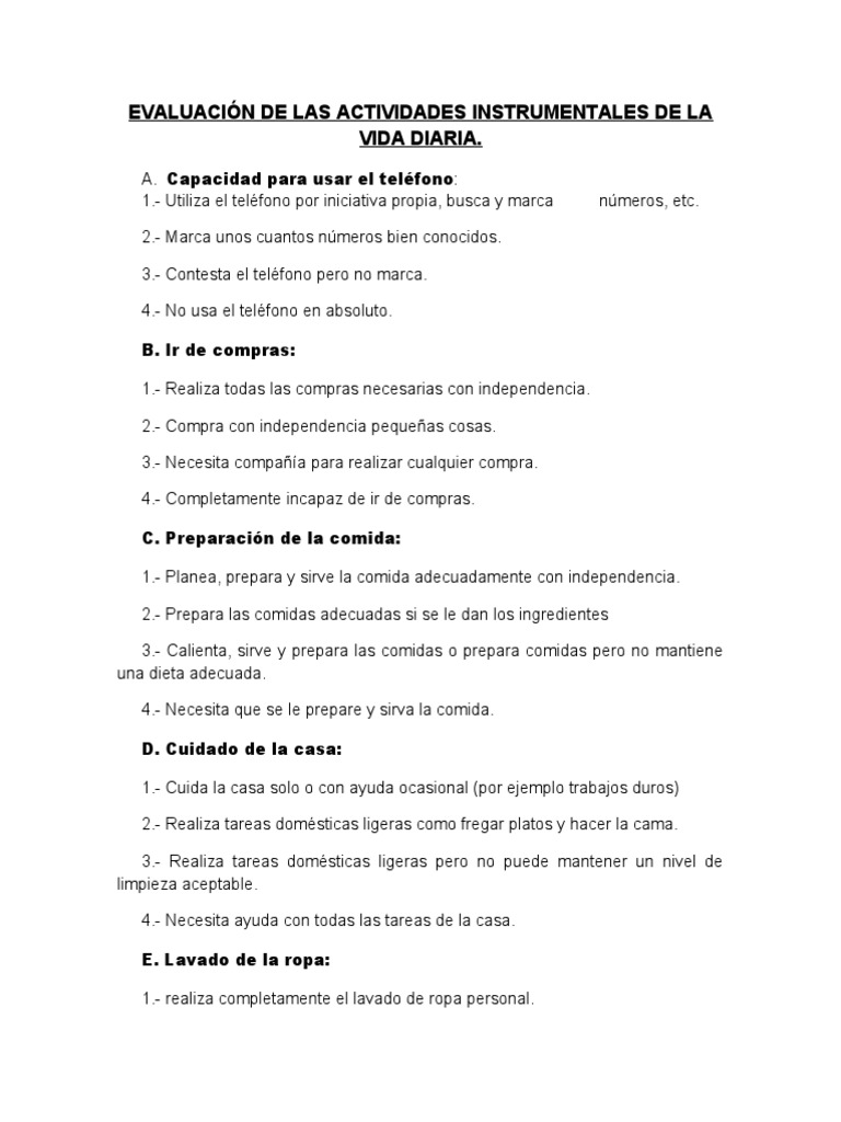 EVALUACIÓN DE LAS ACTIVIDADES INSTRUMENTALES DE LA VIDA DIARIA | PDF