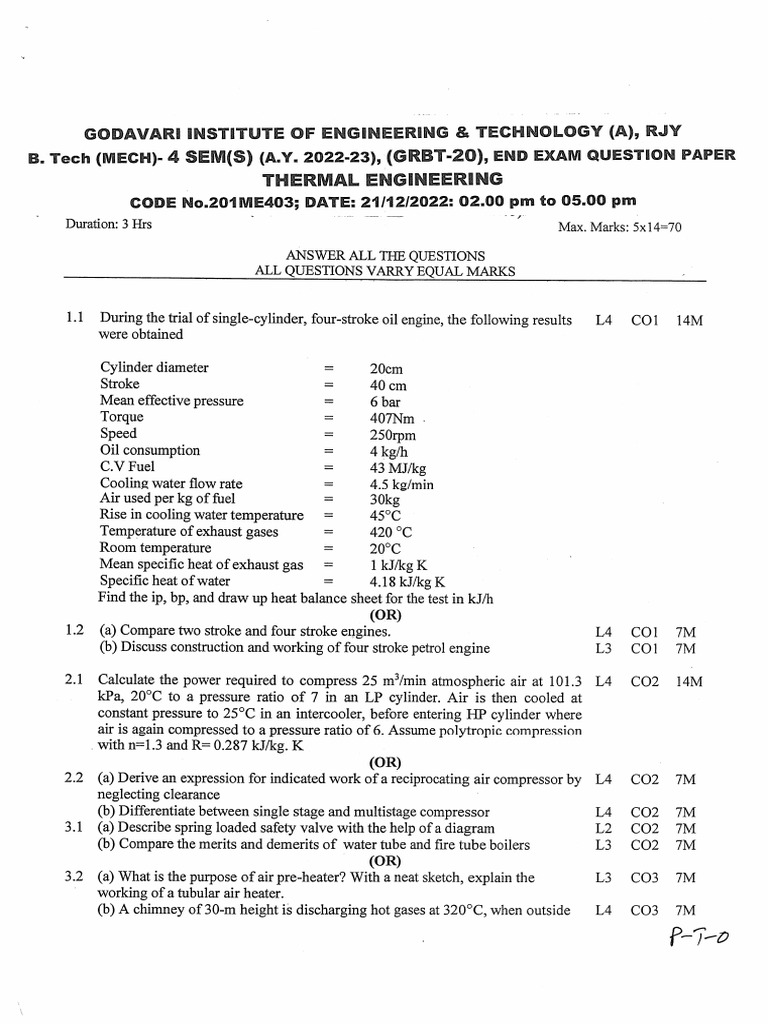 Thermal Engineering - End Semester Question Paper - 2022-2023 | PDF