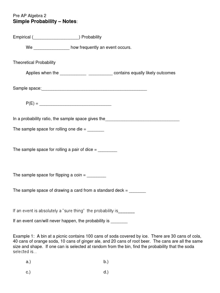 1 Simple Probability With TwoWay Notes Handout PDF Probability