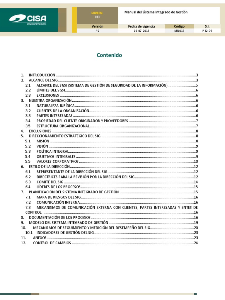 Manual Del Sistema Integrado de Gestión Sig | PDF | Planificación ...