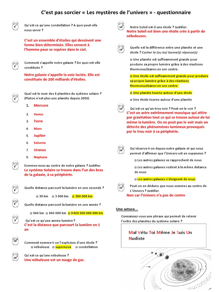 Questionnaire sur le Système Solaire PDF Étoiles Planètes — free download