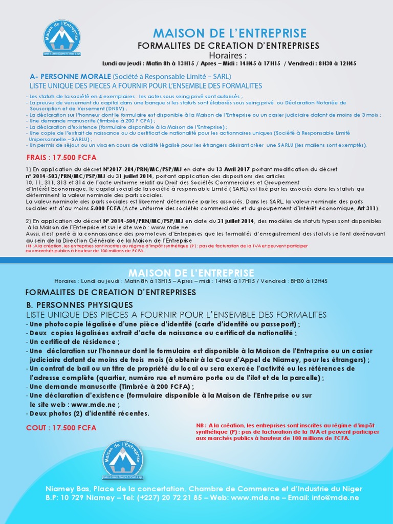 Formalités de création d'entreprise au Niger | PDF