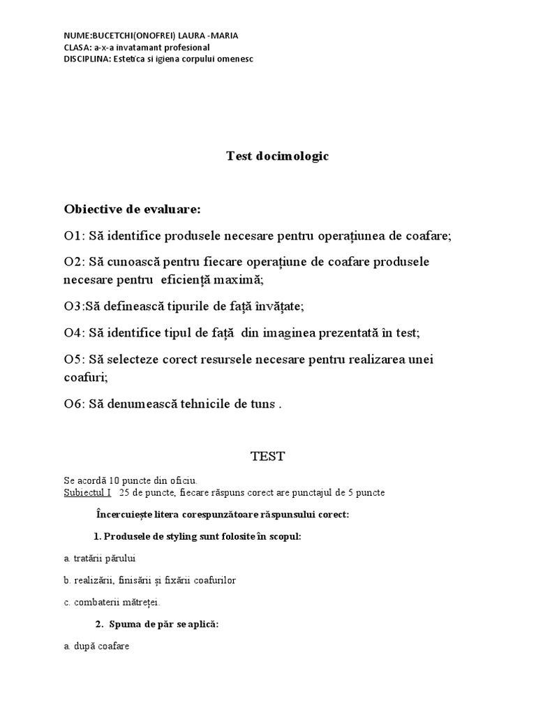 Test Docimologic Coafuri | PDF