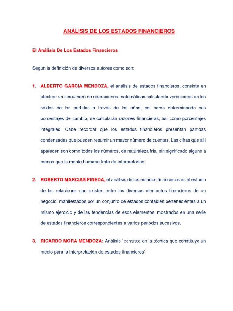 An lisis De Los Estados Financieros Segun Varios Autores PDF