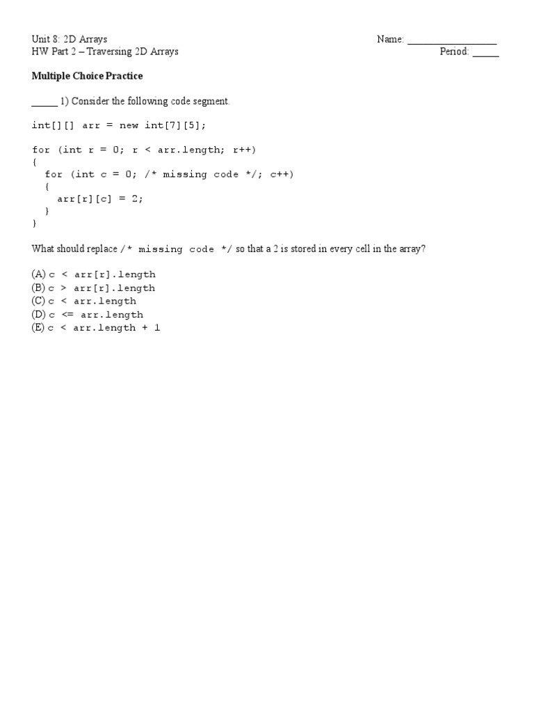 Traversing 2D Arrays Review Quiz | PDF | Computer Programming ...