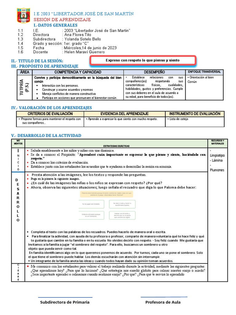 TUTORÍA PRIMER GRADO PDF Evaluación Aprendizaje