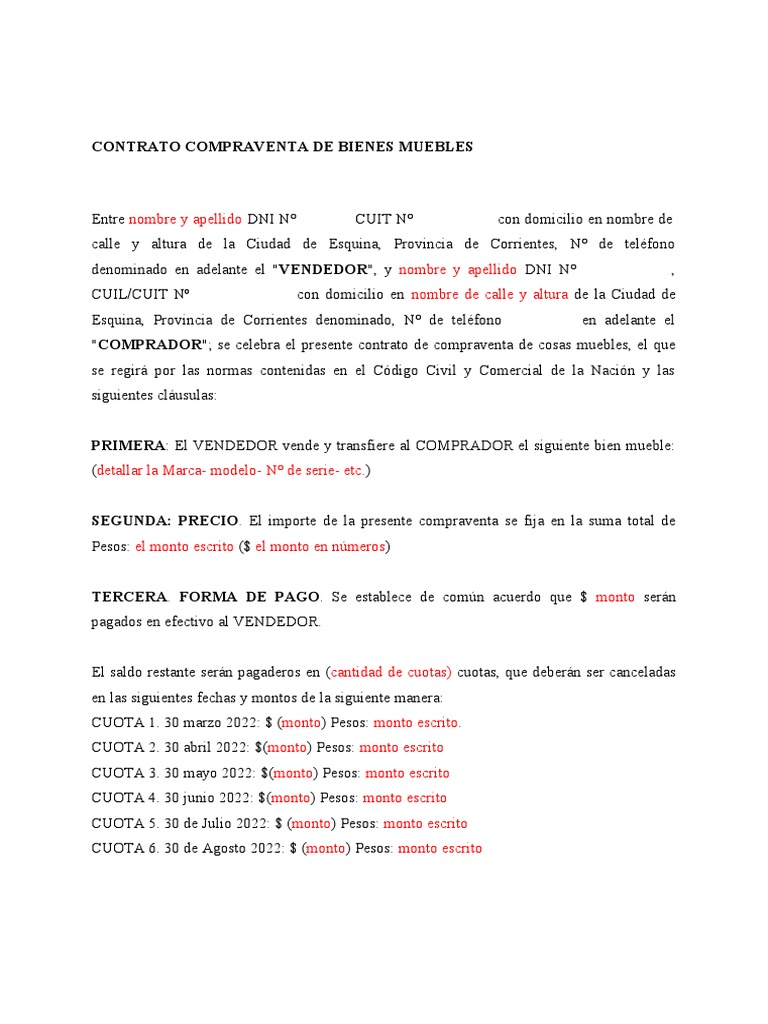 Contrato de Compraventa de Bienes Muebles | PDF | Finanzas y dinero ...