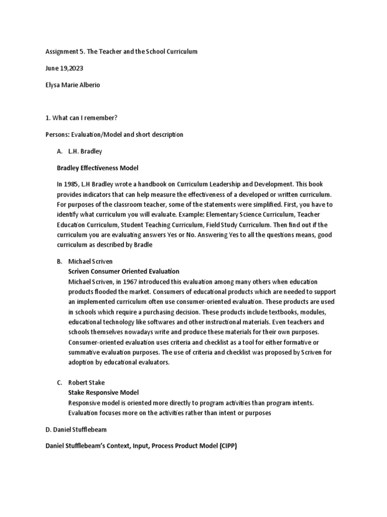Curriculum Evaluation Models Overview | PDF