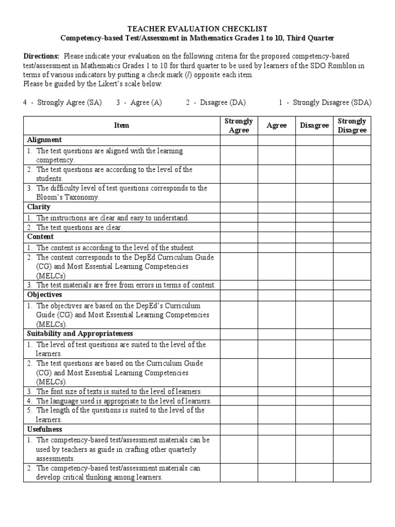 Teacher Evaluation Checklist | PDF