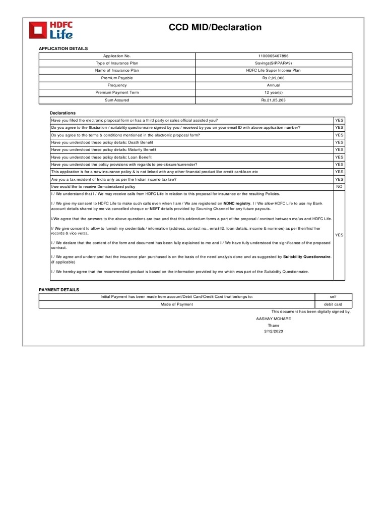 Ccd mid declaration application details pdf insurance payments