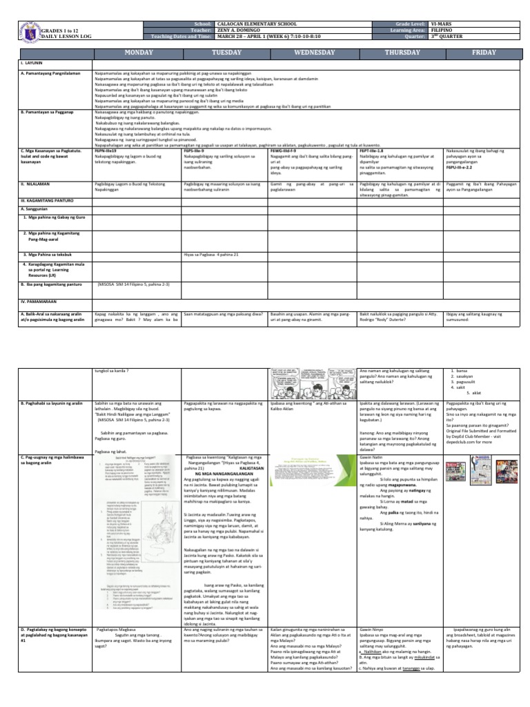 DLL Filipino 6 q3 w6 | PDF
