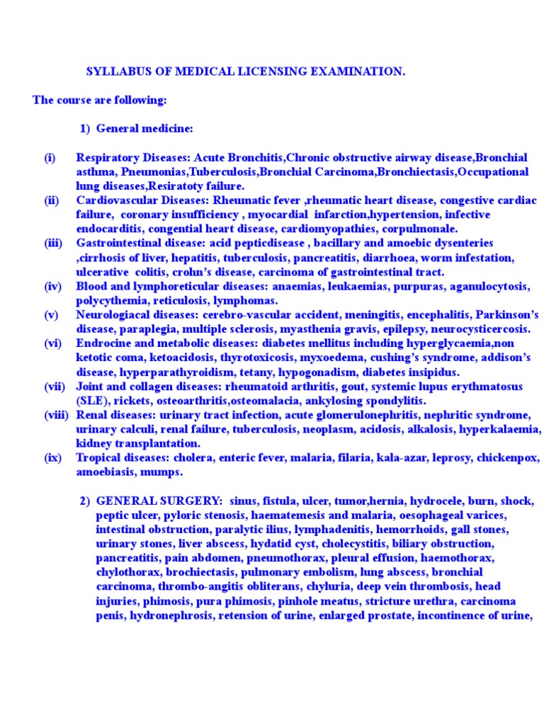 Syllabus of Medical Licensing Examination PDF Respiratory Diseases Lung