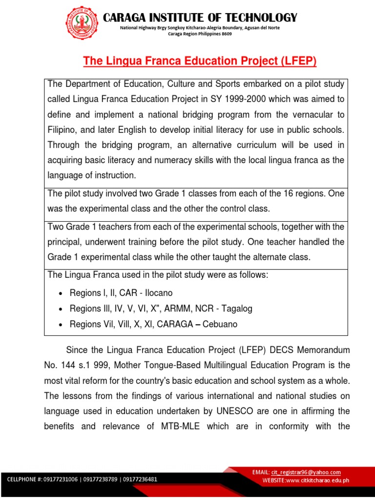 The Lingua Franca Education Project (Lfep) PDF Learning Human