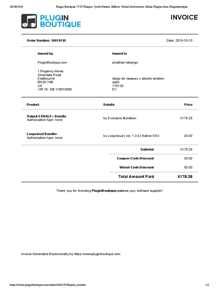Invoice for Plugin Boutique Order | PDF