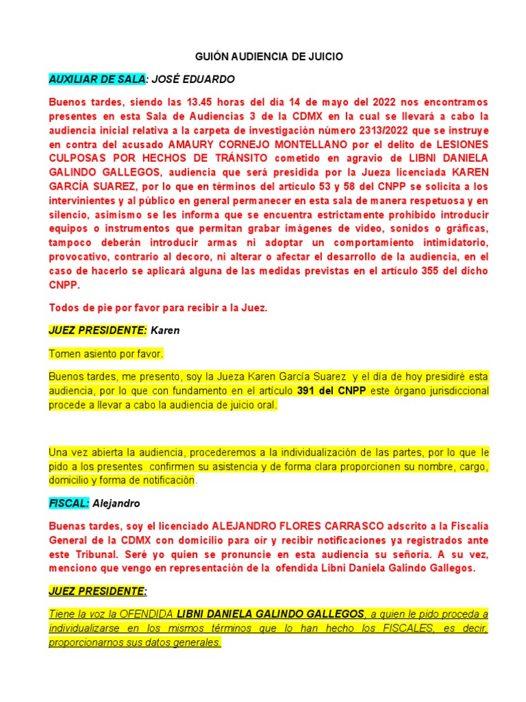 Guion de Audiencia Inicial Penal | PDF | Fiscal | Detención ...
