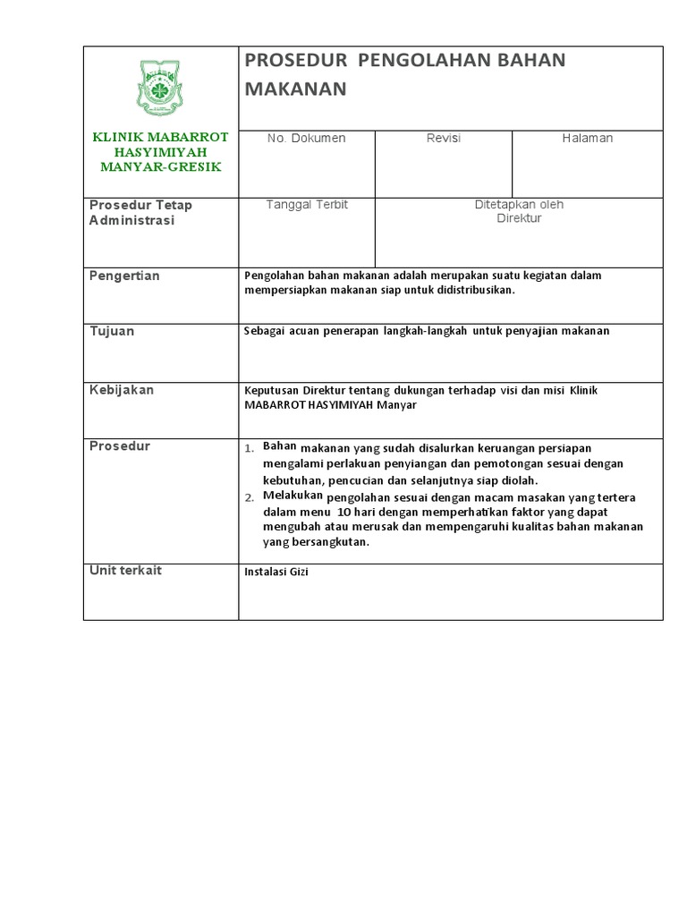 Sop Prosedur Pengolahan Bahan Makanan | PDF