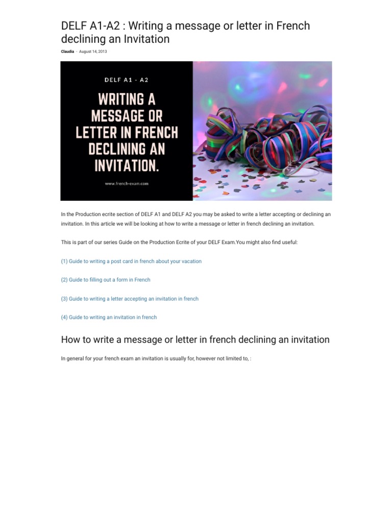 DELF A1A2 _ Writing a message or letter in French declining an