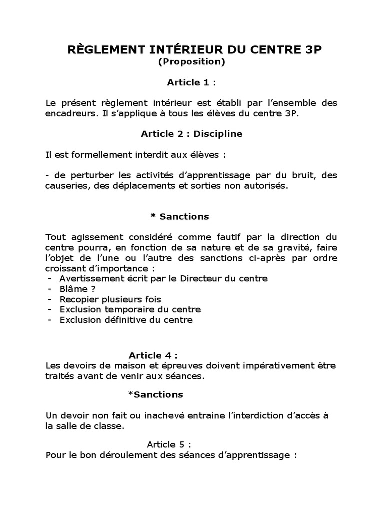Reglement Intérieur Modele | Exemple De Reglement Interieur – AFCBA