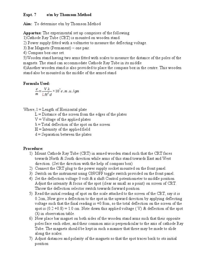 Calculate e/m Using Thomson Method | PDF | Vacuum Tube | Compass