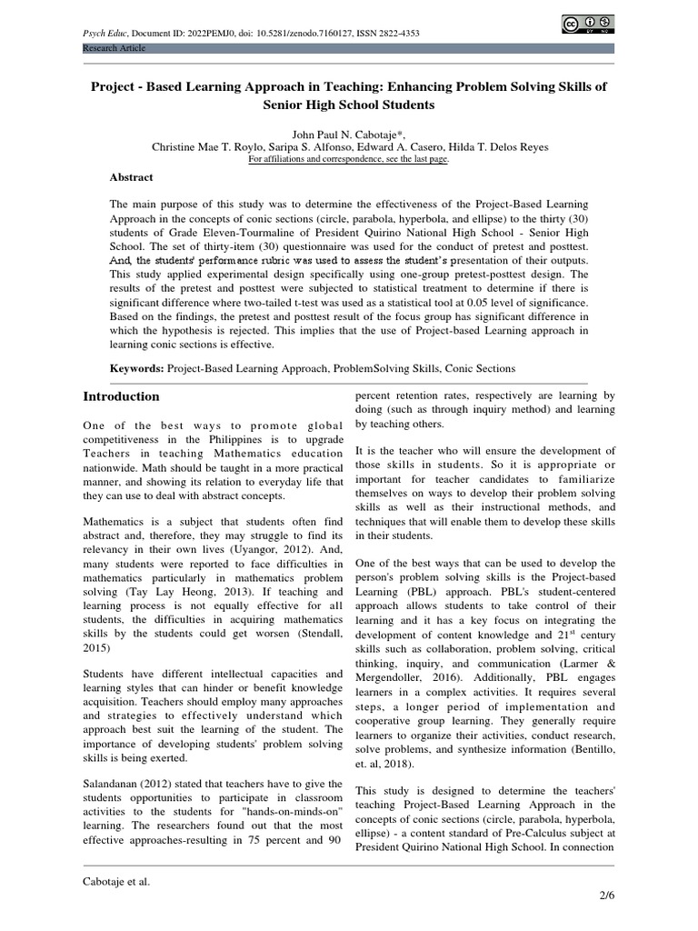Project - Based Learning Approach in Teaching: Enhancing Problem ...