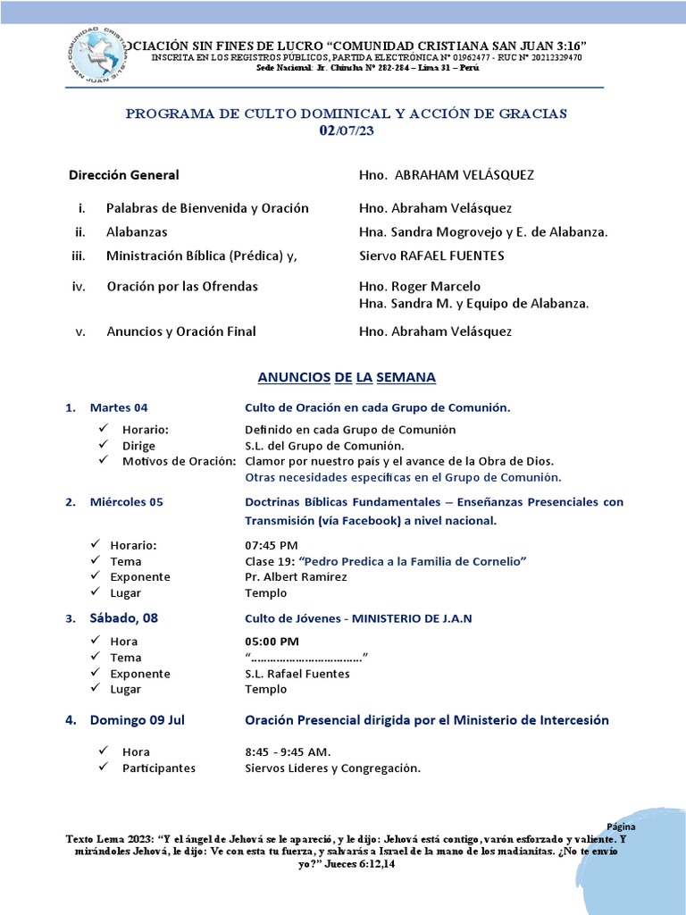 Culto Dominical y Eventos Semanales 2023 | PDF | Religiones abrahámicas