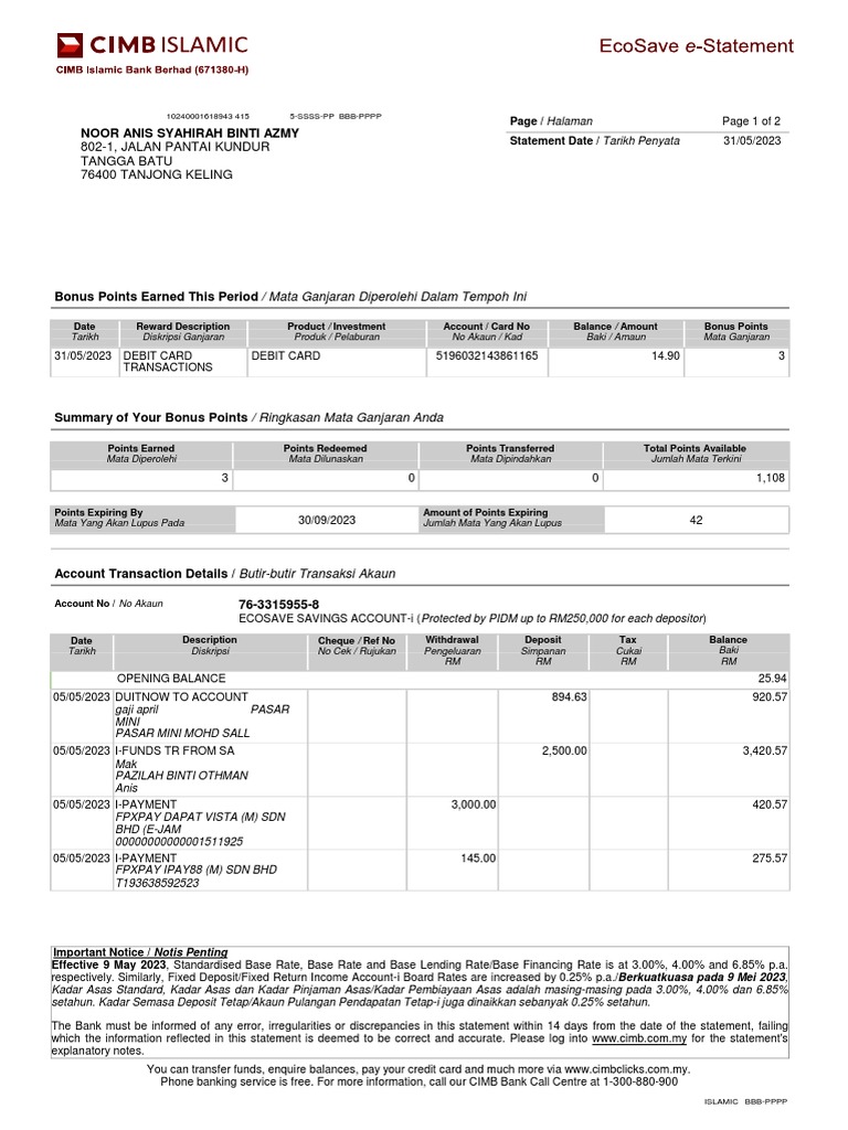 CIMB Bank May 2023 Statement Summary | PDF | Banks | Debit Card