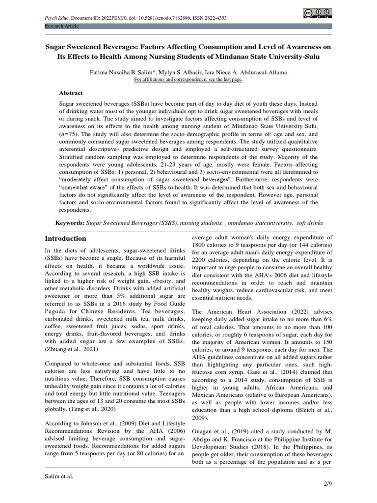Sugar Sweetened Beverages Factors Affecting Consumption And Level Of
