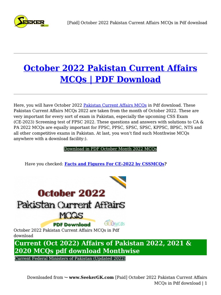 October 2022 Pakistan Current Affairs MCQs | PDF | Multiple Choice ...